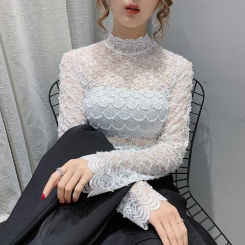 Women Blouse Womens Turtleneck Lace Autumn Winter Long-Sleeved Sexy Cutout Mesh Top Blusas Ropa De Mujer