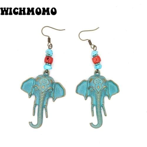 New Fashion 34*80mm Retro Zinc Alloy Green Plated Elephant Ethnic Earrings for Womens Fashion Jewelry Gifts