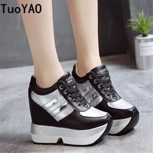 Spring High Platform Boots 12CM High Heel Women Thick Sole Shoes Leather Wedge Sneakers Waterproof Breathable Casual Shoes White
