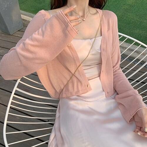 Womens Cardigan Long Sleeve Loose Button Thin Gauze Ice Silk Short Sunscreen Shawl Small Top Wholesale 2021 New Female Clothes