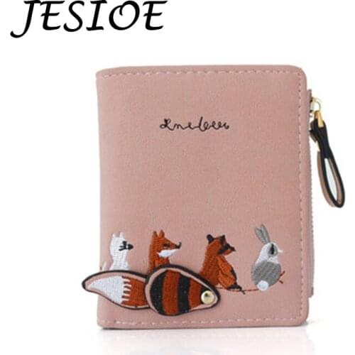 Women Embroidered Card Holder Wallet Leather Designer Female Animal Fox Small Card Case Zipper Card Wallet Girls Cute Casual Bag