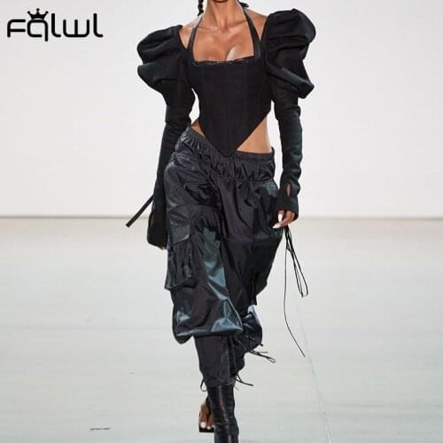 FQLWL Ruched Puff Long Sleeve Crop Top Women T Shirt Black Ladies Black Bodycon T-Shirt Female Fall Winter Pleated Sexy Tshirts