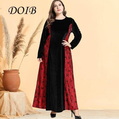 DOIB Women Velvet Muslim Maxi Dress Black Red Floral Patchwork Full Sleeve Long Abya Dress 2020 Autumn Winter Plus Size Dress