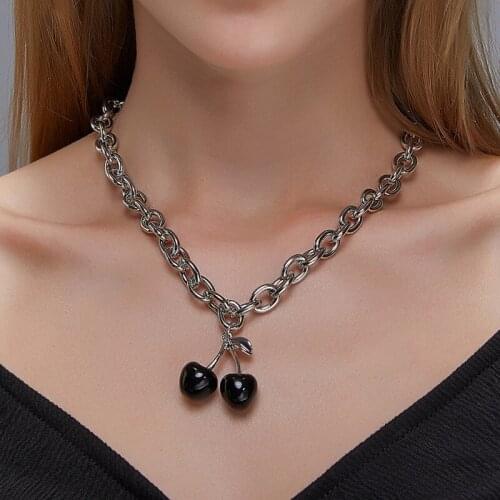 Women Fashion Black Cherry Pendant Necklaces for Women Female Punk Thick Chains Buckle Clavicle Necklace Jewelry Gifts
