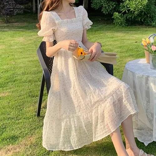 2021 Korean Style Chiffon Elegant Maxi Dress Vintage Short Sleeve Dot Summer Dress Square Collar Party Dresses for Women 14596