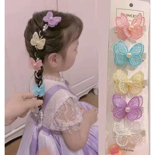 5Pcs Lovely Butterfly Hairpins Pearls Lace Barrettes Embroidery Princess Hair Clips for Women Girls Hair Accessories Headdress