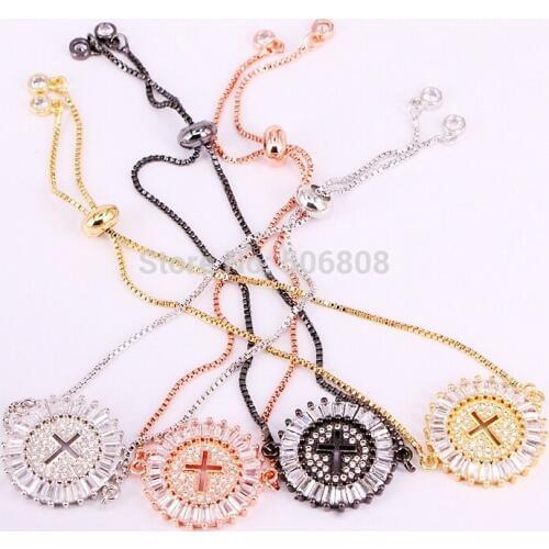 6PCS ZYZ-B5726 Brilliant Pave Zirconia CZ Cross in Round Connector Adjustable Chain Charm Bracelets For Women Fashion Jewelry