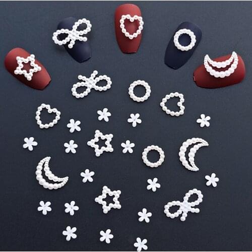 White Mixed Shape Acrylic Nail Art Decoration Pearl Link Hollow Heart Star Bow Fingernail DIY Accessories