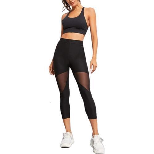 New Women Yoga Pants Mesh Splicing Stretch Sports Patchwork Pants High Waist Fitness Gym Cropped Trousers Summer Elastic Waist
