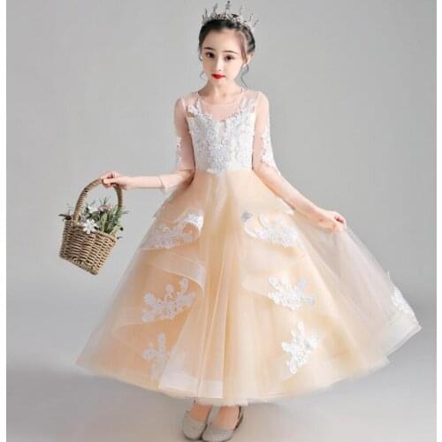Champagne Flower Girls Dresses For Wedding Tulle Lace Long Girl Dresses Party Christmas Ball Gown Princess Communion Costume