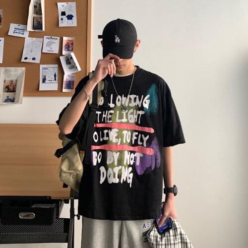 Summer hip hop cartoon printing mens short sleeve T-shirt loose blue amine tshirt streetwear cool high street tops shirt males