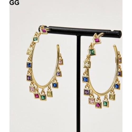 GuaiGuai Jewelry 40mm Circle Hoop Gold Filled With Rainbow CZ Charm Bohemia Bohe Earrings For Women