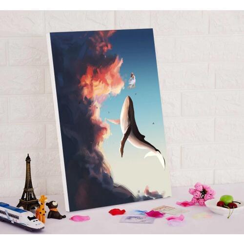 DIY oil painting by numbers flying Whale and girl modular picture canvas painting by numbers