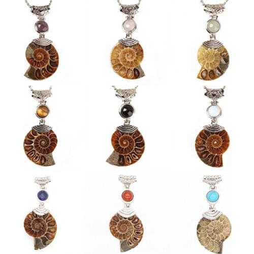 KFT Natural Crystal Cabochon Stone Ammonite Fossils Seashell Snail Ocean Reliquiae Conch Animal Pendant Women Men Jewellery