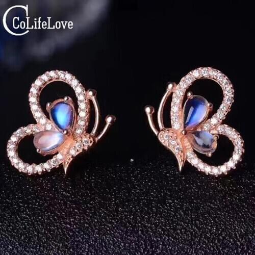 Beautiful Butterfly Gemstone Stud Earrings 4 Pcs 4*6mm Natural Moonlight Stone Earrings Solid 925 Silver Moonlight Stone Earring
