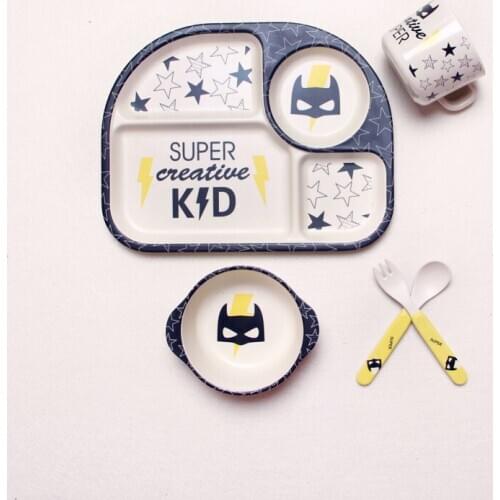Cartoon 5pcs/set Baby Feeding Tray Set Bamboo Fiber Children Tableware Kids Separation Plates Dishes Bowl With Cup Fork Spoon