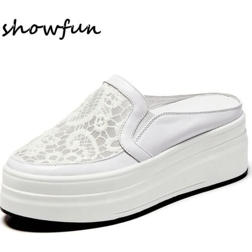 Womens genuine leather bordered lace patchwork slip-on platform flats mules summer thick sole comfortable slides casual shoes