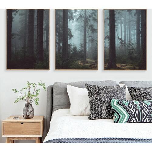 Forest Landscape Posters Wall Art Canvas Painting Forest Photography Misty Fog Prints Pictures for Living Room Home Decoration