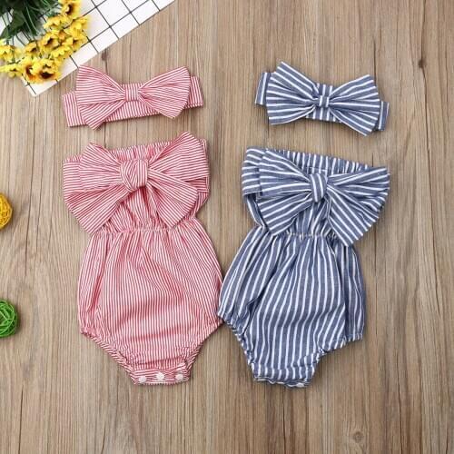 New Fashion Newborn Baby Clothes Off Shoulder Bowknot Striped Bodysuit 2Pcs Jumpsuit+Headband Outfits Set Girl Cute Clothing