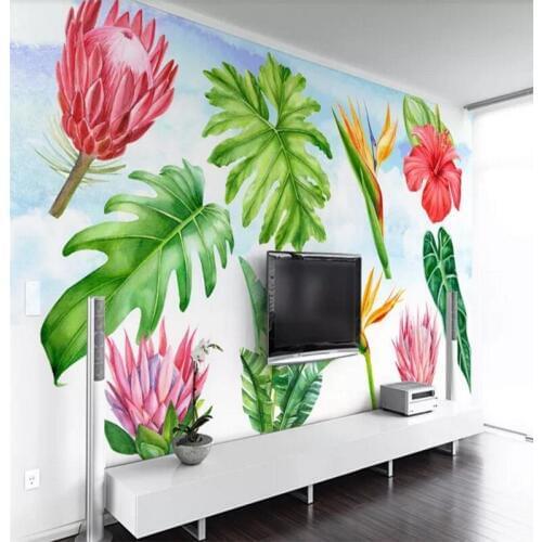 Custom wallpaper simple hand-painted small fresh green leaves watercolor style background wall decoration waterproof material