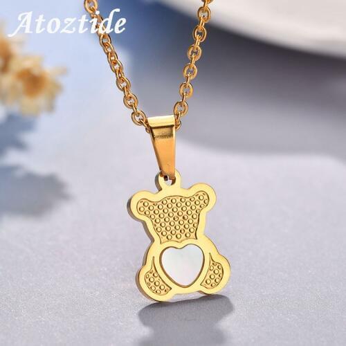 Atoztide Stainless Steel Cute Cartoon Animal Necklace With Bear Butterfly Giraffe Lion Dolphin Gold Chain Necklace Gift For Kid