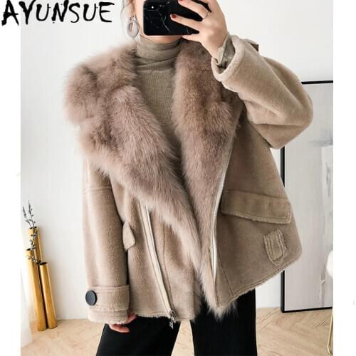 AYUNSUE Real Fur Coat Female Winter Jacket Women Sheep Shearling wool Fox Fur Collar 100% Wool Coat Suede Leather Jackets MY3841