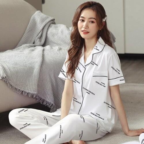 Summer Cotton Pajama Set Women Sleepwear White Letter Pijama Short Sleeves Nightwear Fashion Cotton Pyjamas Femme Home Clothes