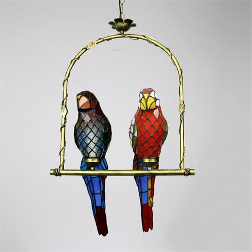 Tiffany Style Pendant Lights Glass Two-headed Parrot Living Room Decor Dining Room Furniture Hanging Lamp Bedroom Led Chandelier