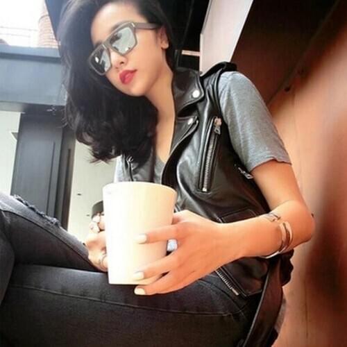 Casual Women Motorcycle Sleeveless Sheepskin Vest Zipper Belted Slim Fit Short Waistcoat Genuine Leather Vest Outerwear Jacket