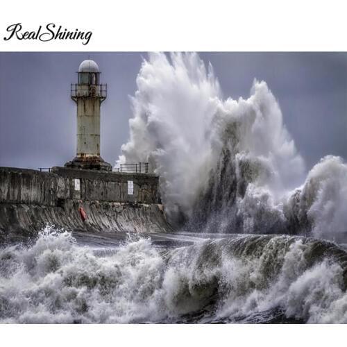 REALSHINING 5d Diy Diamond Embroidery,Landscape Lighthouse Diamond Mosaic Pictures Full Square Diamond Painting Decor FS2606