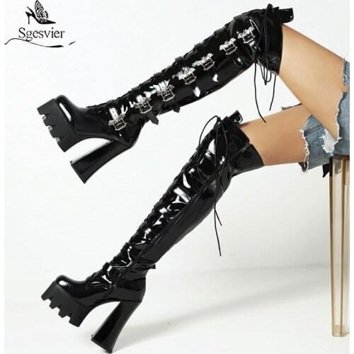 Sgesvier 2021 Women Over the Knee Boots Platform Super Square High Heel Ladies Thigh Boots Patent PU Leather Zipper Women Boots