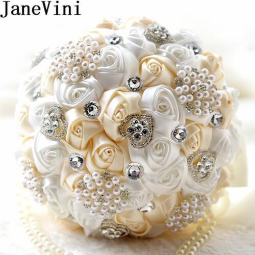 JaneVini Ramos Novia Ivory Wedding Bouquets Luxury Beaded Crystal Satin Flowers Bridal Bouquet Pearl Lace Handle Bride Bouquet