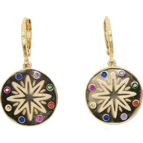 2021 Luxury Colorful Round Coin Gold Color Earring For Women Rainbow CZ Engrave North Star Bohemia Style Fashion Jewelry Gifts