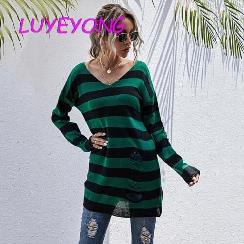 Long Sweater 2020 Autumn Lady V Neck Hollow Out Pullover Plus Size Jumpers Split Green Sweaters Goth Loose Thin Women Striped