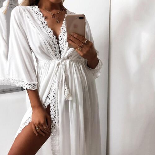 Womens Long Robe Beach Cardigan Dress Soft Sexy Hollow Out Lace Tie Up Waist Slim Fit Casual Loose Summer Dress Maxi Female