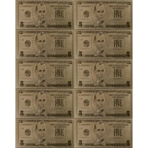 10pcs/lot Dollar Banknotes USA 24K Gold 5 Dollars Gold Foil Banknote Bill Currency Gifts Free Shipping