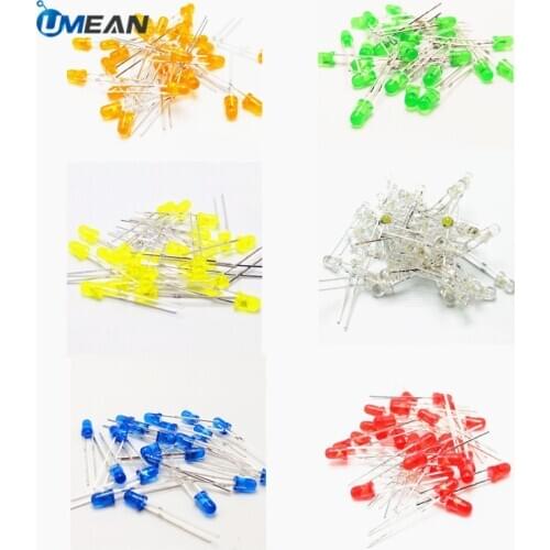 100pcs 3mm Round LED Diode Assorted Set DIY Electronic Starter Kit Green Yellow Blue White Red Orange Purple Pink