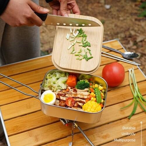 304 Stainless Steel Lunch Box Outdoor Bamboo Wood Cutting Board Cover Lunch Box Camping Soup Pot BBQ Portable Picnic Lunch Box
