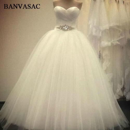 BANVASAC 2017 New Luxury Crystals Sash Strapless Wedding Dresses Sleeveless Pleat Satin Lace Bridal Ball Gowns
