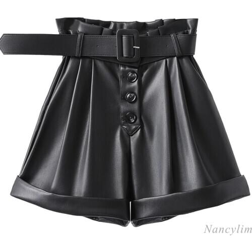 Black PU Leather Shorts Women 2020 Autumn and Winter New Korean Style High Waist Slimming Fashion Wide Leg Boots Shorts Short