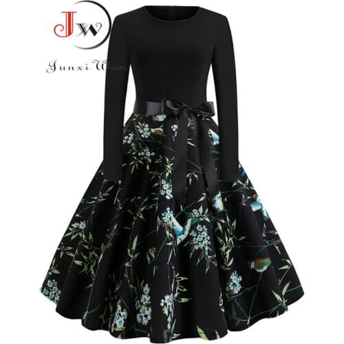 Floral Print Vintage Dress Women New Spring Elegant Party Dresses Long Sleeve Casual Black Patchwork Midi Dress Plus Size