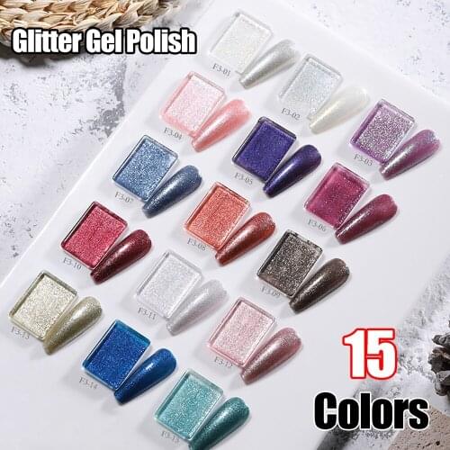Vendeeni Glitter Gel Nail Polish 15 Colors Sparkling Shiny Gel Varnish Polish Semi Permanent UV LED Soak Off Gel Lacquer 15ml