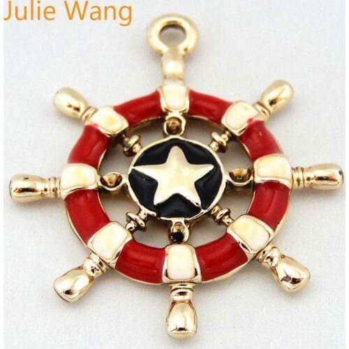 Julie Wang 8PCS Alloy Enamel Red White Rudder Charms Pendants Finding Earrings Necklace Handcrafts Jewelry Making Accessory