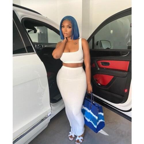 Two Piece Set Long Dress Sleeveless Tank Crop Top + Skirts Suit Club Fashion Party Summer Women Dresses Black White Pink Outfits