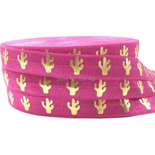 Good Quality Rose Pink Cactus Print Fold Over Elastic 10 Yards 5/8" Cacti FOE Elastic Ribbon for DIY Head wear Headband Hair Tie