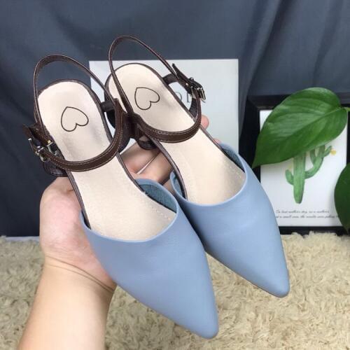 Summer New Style Pointed Toe Buckle strap Thick and Middle Heels Sandals Genuine Cow Leather All-in - One Single Shoes