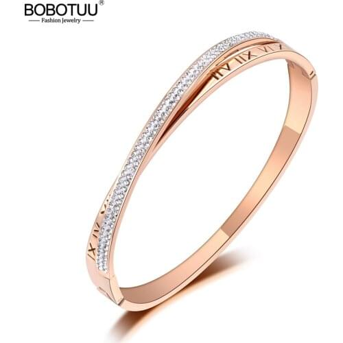 BOBOTUU Classic Roman Numeral Mosaic Rhinestone Bangles Bracelet Jewelry Trendy Rose Gold Stainless Steel Wedding Bangle BB19092