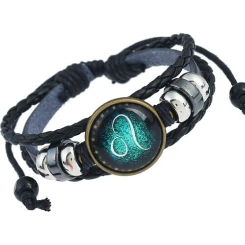 Men Black 12 Constellation Zodiac Sign Bracelet Fashion Gemini Sagittarius Braided Leather Charms Bangle Wristbands Punk Jewelry