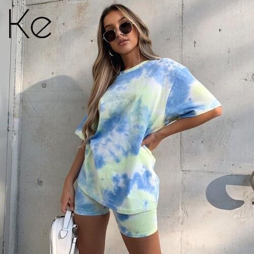 Ke 2021 new tracksuit womens tie-dye gradient loose casual T-shirt tight shorts sports casual two-piece suit sport set women