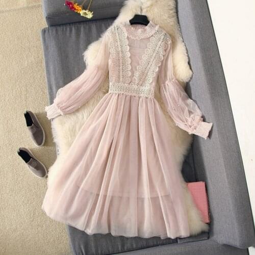 Autumn Elegant Lace Flower Dress Women Pink Sweet Lantern Pearls Beading Sleeve Feminino Party Dress vestidos mujer